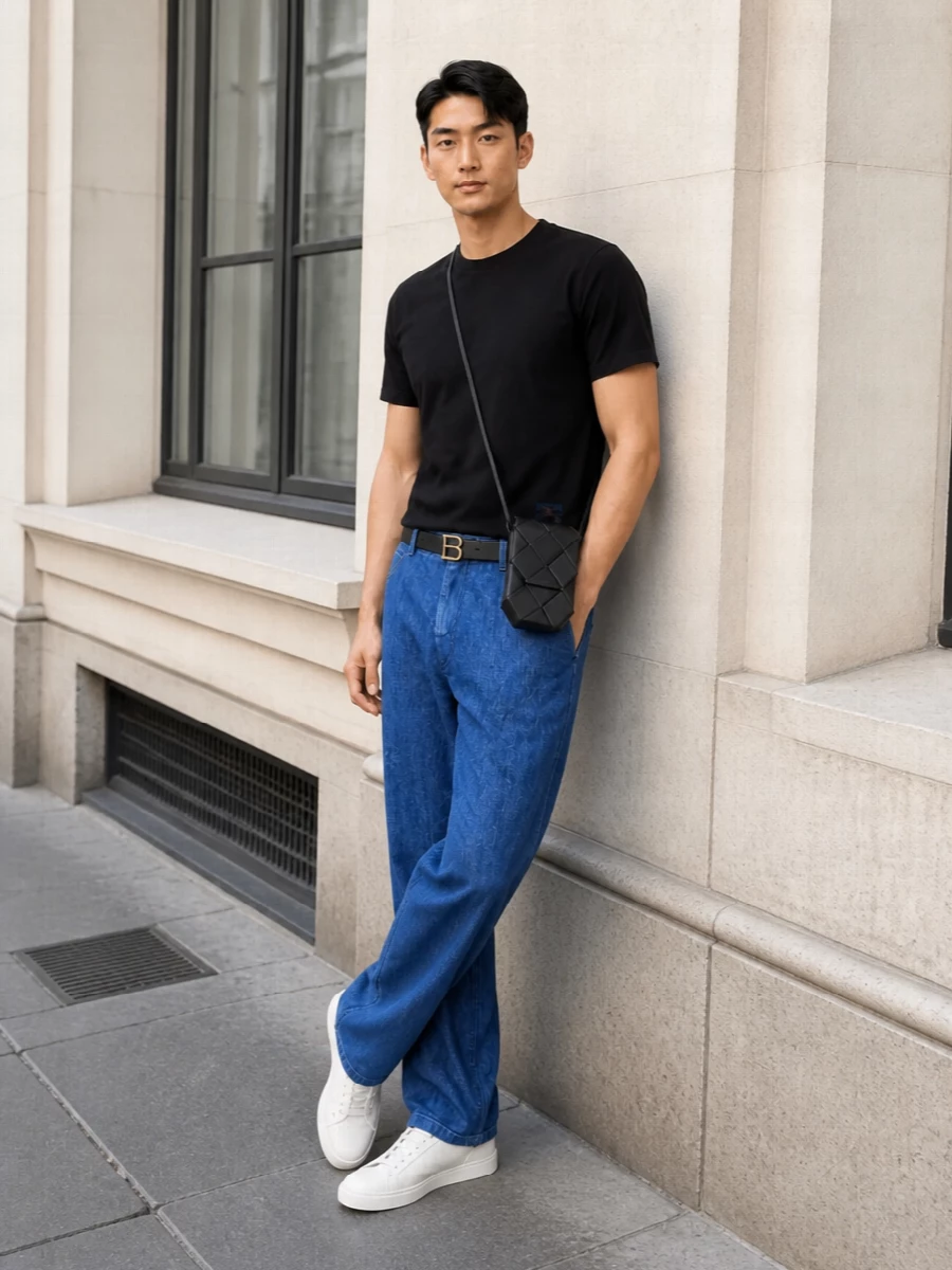 This look leans into a quiet, modern uniform: a relaxed black Burberry tee sitting cleanly over loose mid-blue trousers, grounded by crisp white low-top sneakers. The slim black crossbody and reversible leather belt sharpen the silhouette just enough, keeping everything logo-light, polished and effortless for SS city dressing.