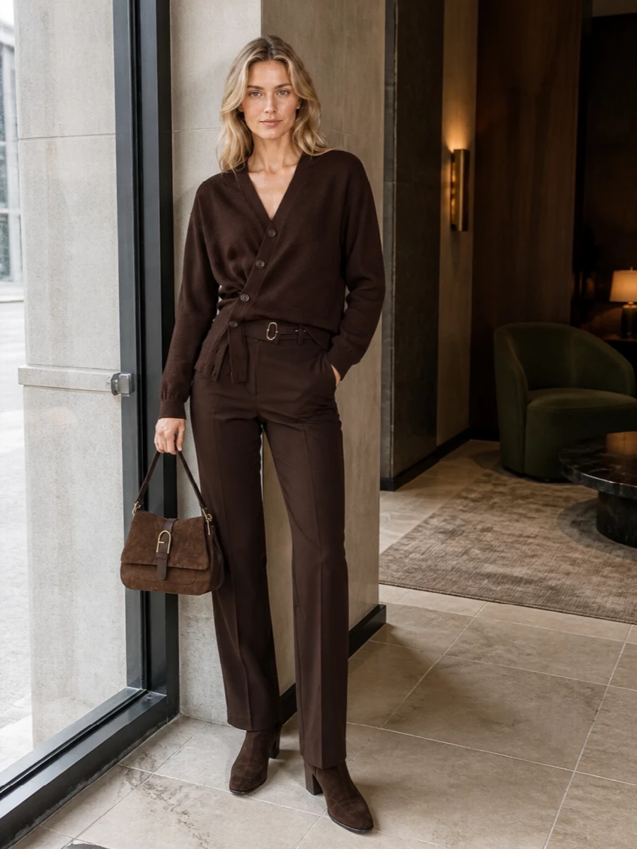 A deep-brown column of tailoring and soft knit keeps the Furla bag completely at home, with subtle texture shifts rather than loud contrast. The asymmetric cardigan and sharp Sportmax trouser create a relaxed but precise silhouette, ideal for weekday city dressing that still feels considered. Dark suede ankle boots finish the line cleanly, staying in the same chocolate register for a calm, tonal statement.