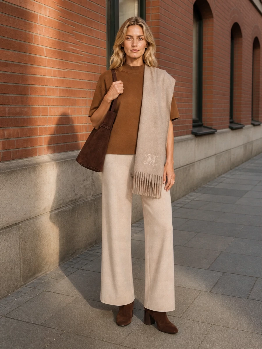 Max mara caramel knit tee beige wide leg pants