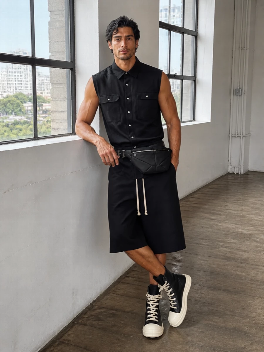Rick owens black utility shorts high tops outfit