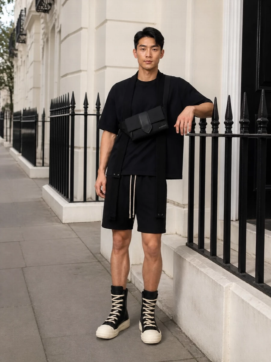 Rick owens black shorts high top sneakers outfit