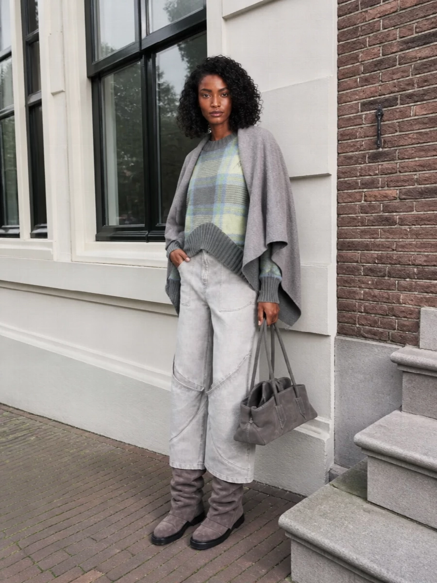 Attico plaid sweater grey wide leg jeans outfit