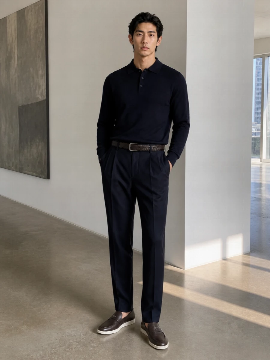 Brioni navy polo prada trousers loafers