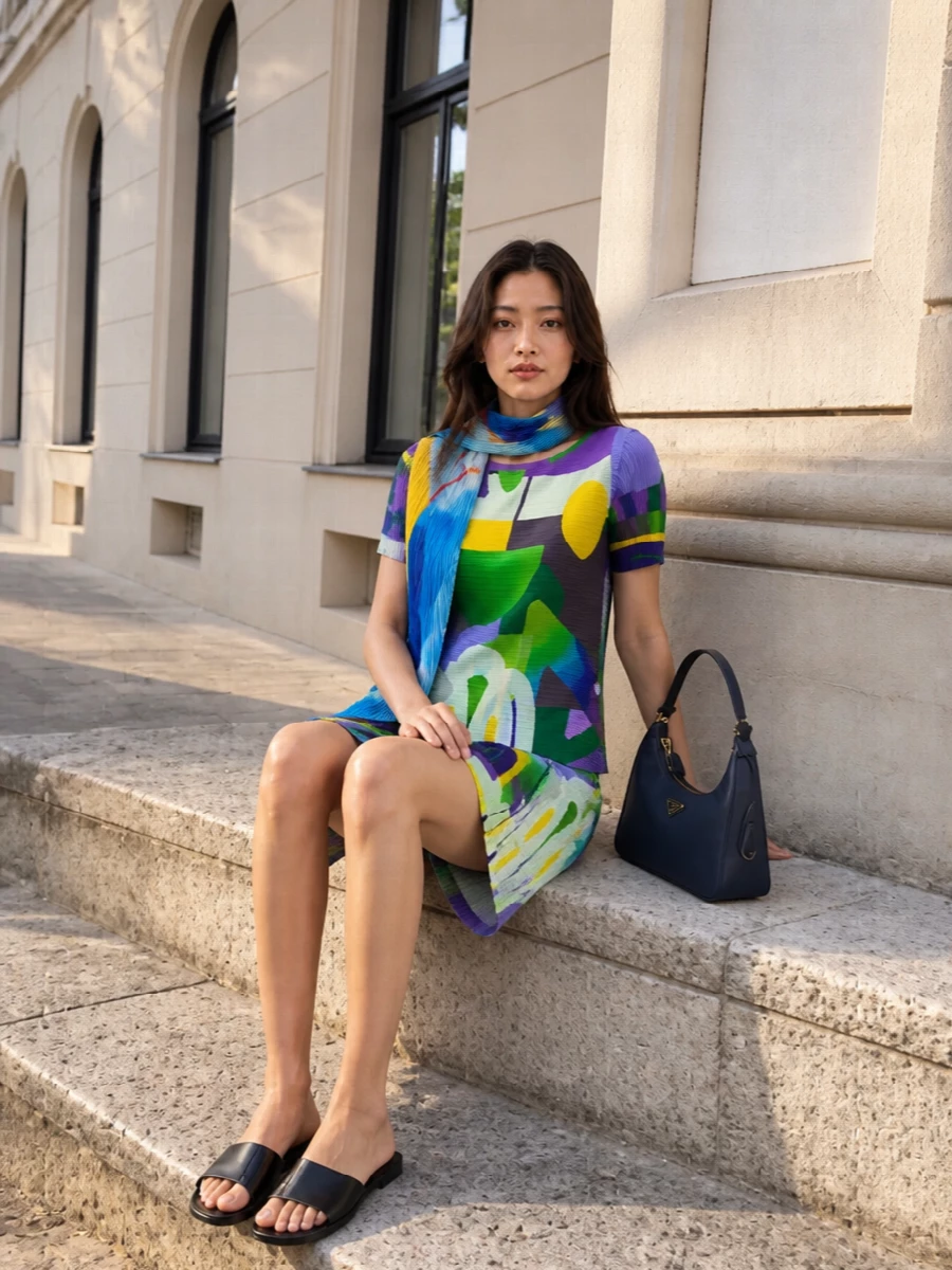 A full Pleats Please co-ord turns the graphic print into a wearable artwork, the matching top and shorts moving together in fluid micro pleats. Black slides and a compact navy shoulder bag keep the palette grounded and polished, letting the saturated greens, violets and yellows stay center stage. The result feels gallery-bright yet easy, perfect for city days that glide into warm evenings.