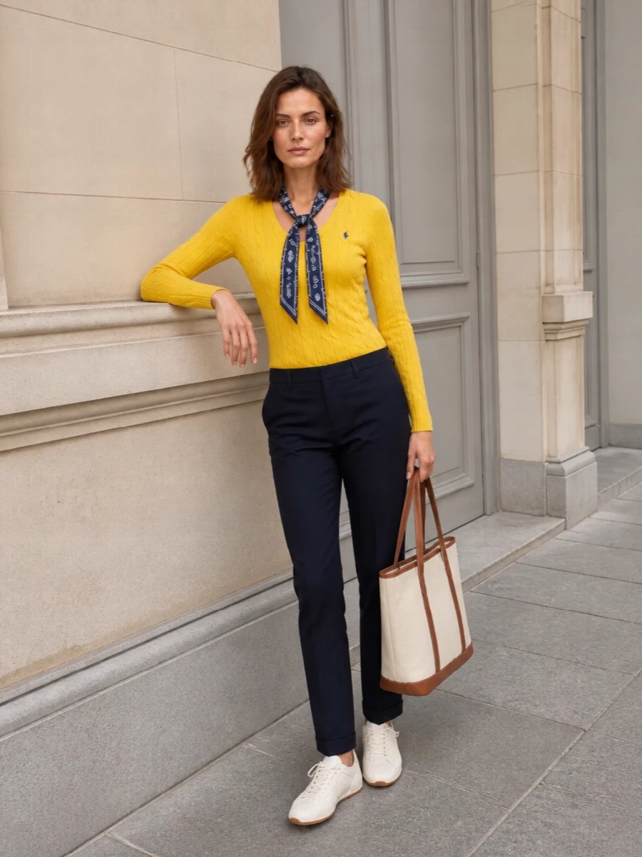 Polo ralph lauren yellow sweater navy trousers outfit