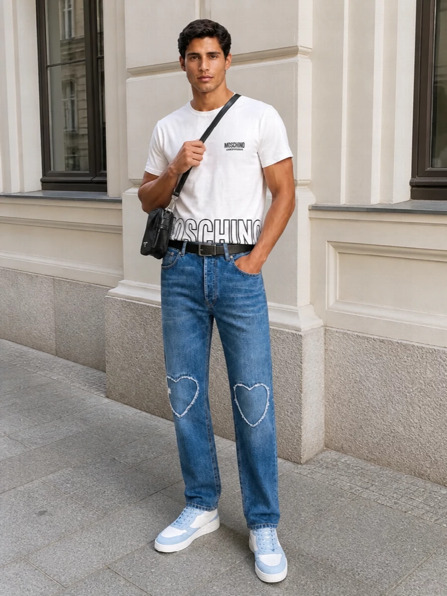 Moschino heart jeans white logo tee blue sneakers
