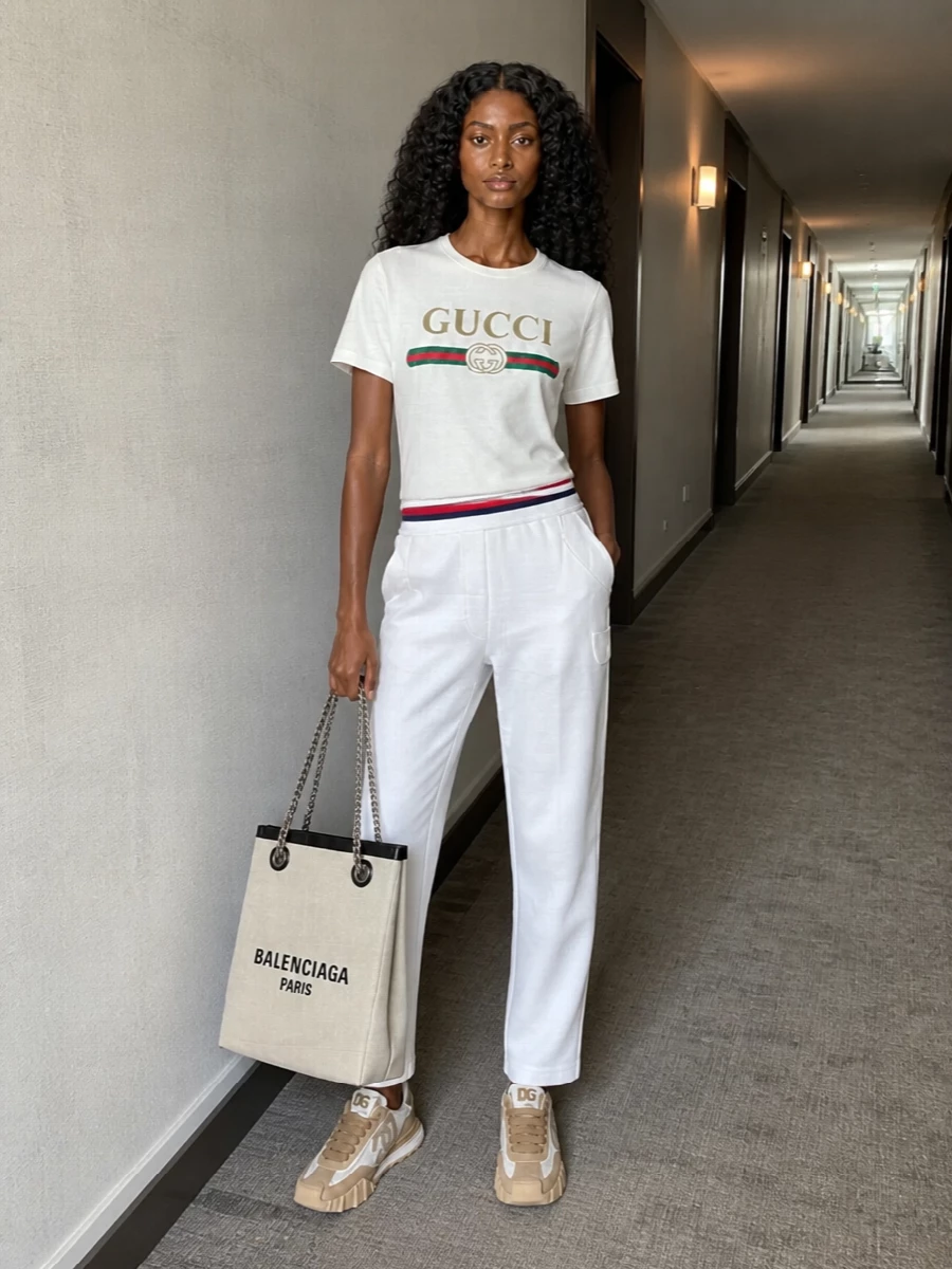 Gucci’s logo tee pairs with the soft white Brunello Cucinelli track pant for a clean, tonal take on designer streetwear that feels polished but relaxed. Chunky neutral Dolce&Gabbana sneakers ground the proportions and keep the palette warm and easy. A structured Balenciaga canvas tote finishes it with a sharp, graphic edge that still reads casual and city-ready.