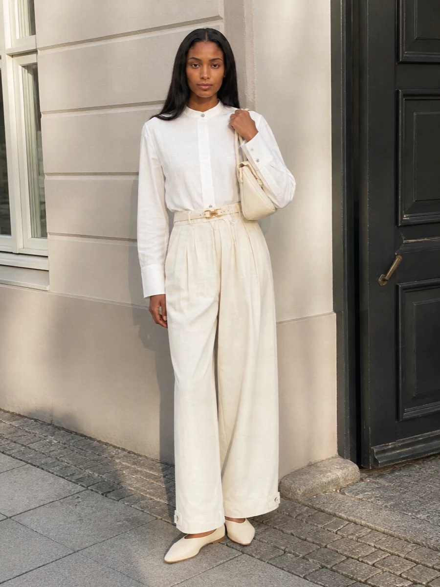 Jil sander ivory wide leg trousers outfit flats