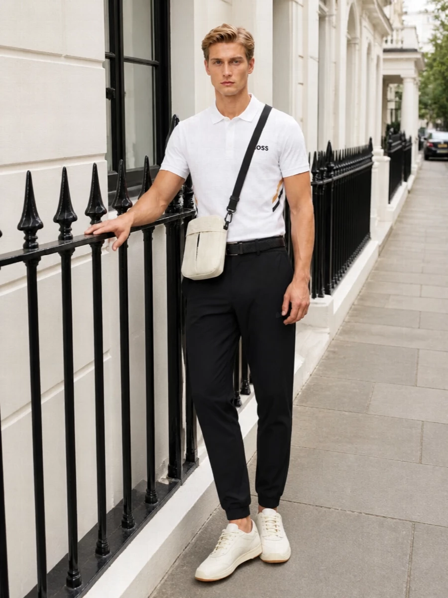 Boss white polo black track pants cream sneakers