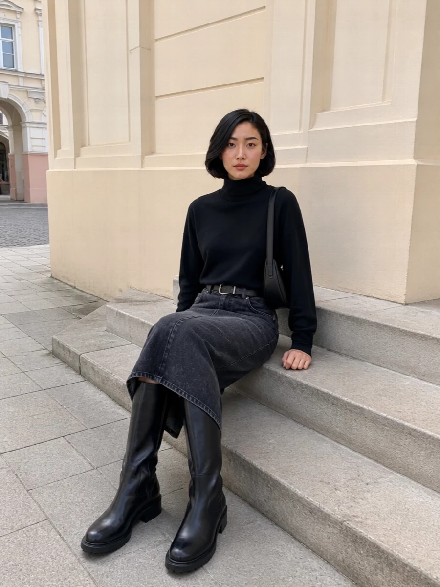 Haikure denim midi skirt black turtleneck boots