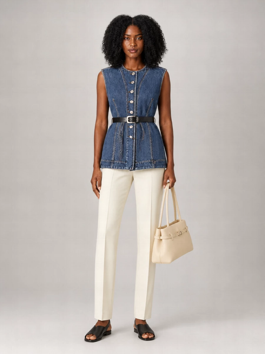 Sportmax’s sculpted denim vest sharpens up against clean ivory tailoring, creating a crisp column that feels urban but pulled together. Black accessories frame the waist and feet so the eye travels vertically, while the buttercream bag keeps the palette soft and spring focused. Wear it with a simple ribbed tank underneath to lean into the utility mood without losing the polish.