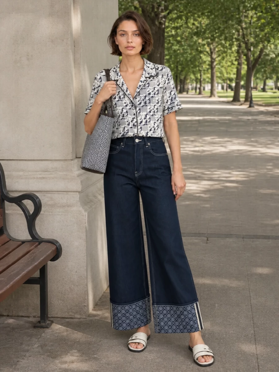 Tory burch camp shirt wide leg jeans outfit