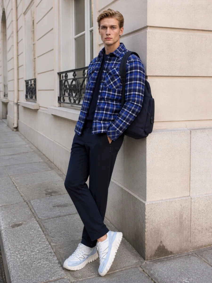 Moncler plaid overshirt track pants outfit