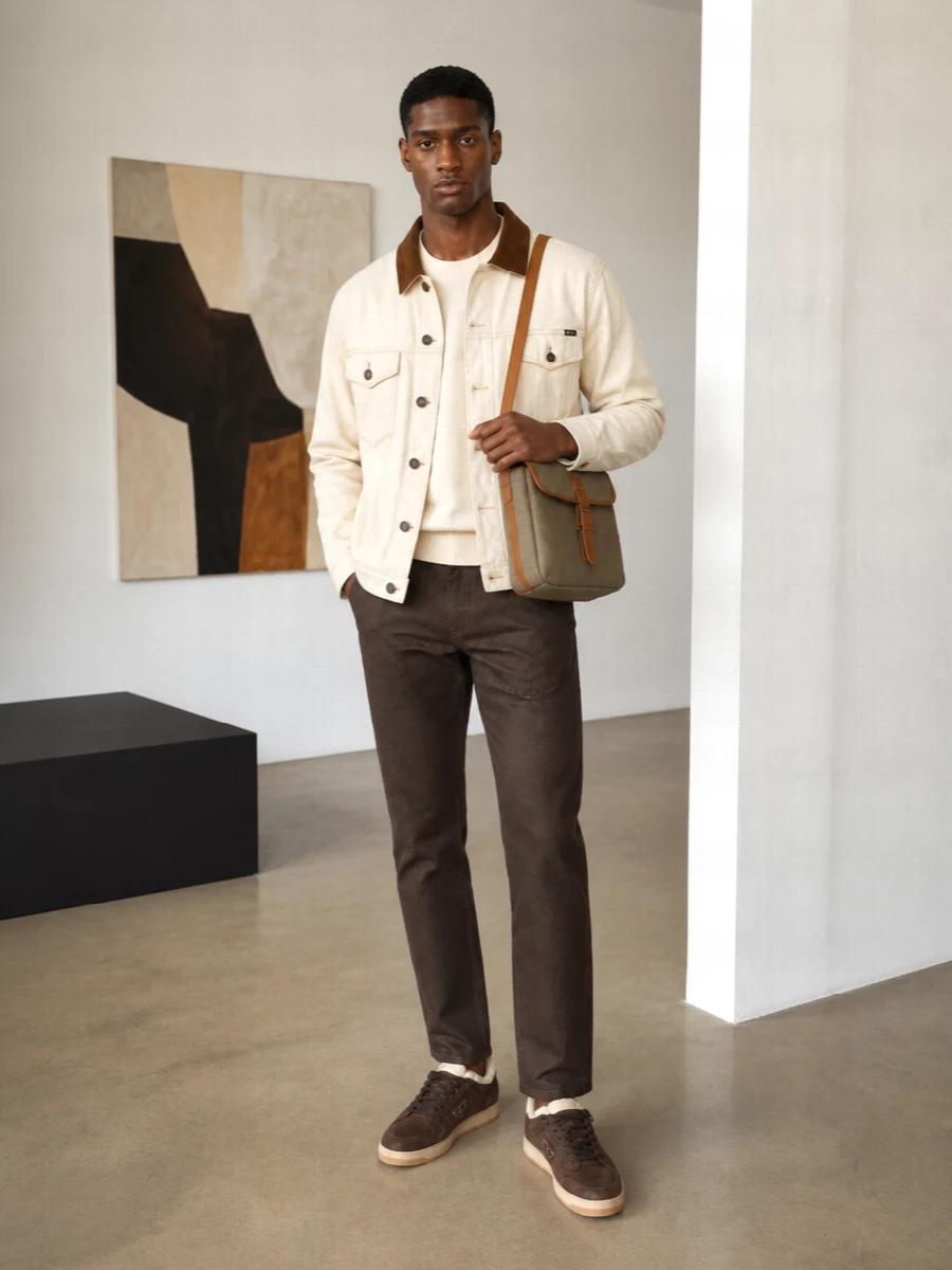 Prada cream trucker jacket brown denim outfit