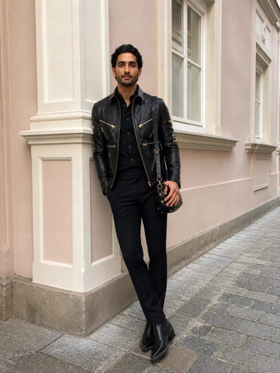 Dolce gabbana biker jacket black trousers outfit