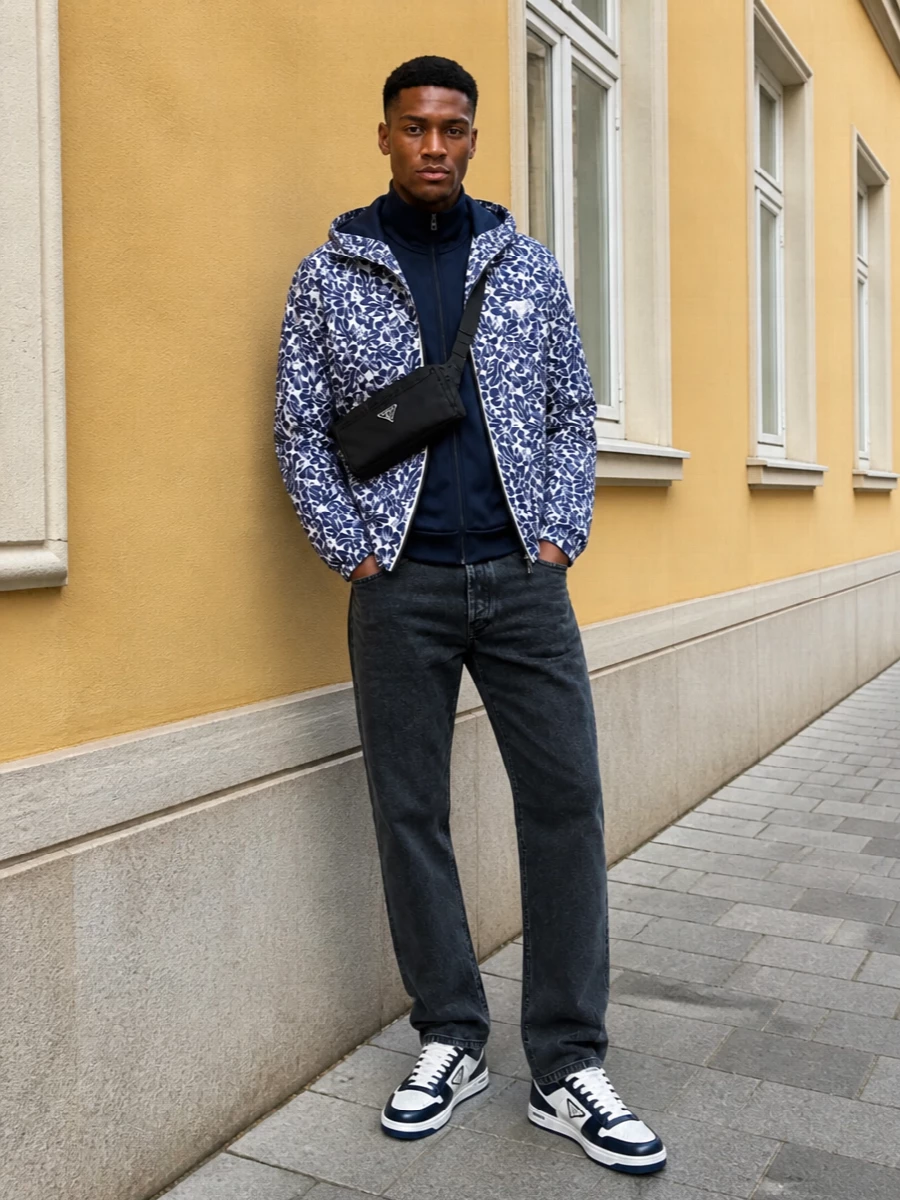 Prada tropical bomber navy denim sneakers