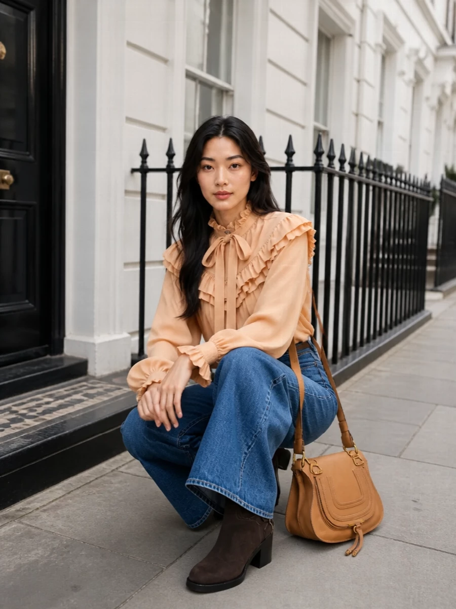 Chloe wide leg jeans ruffled blouse boots