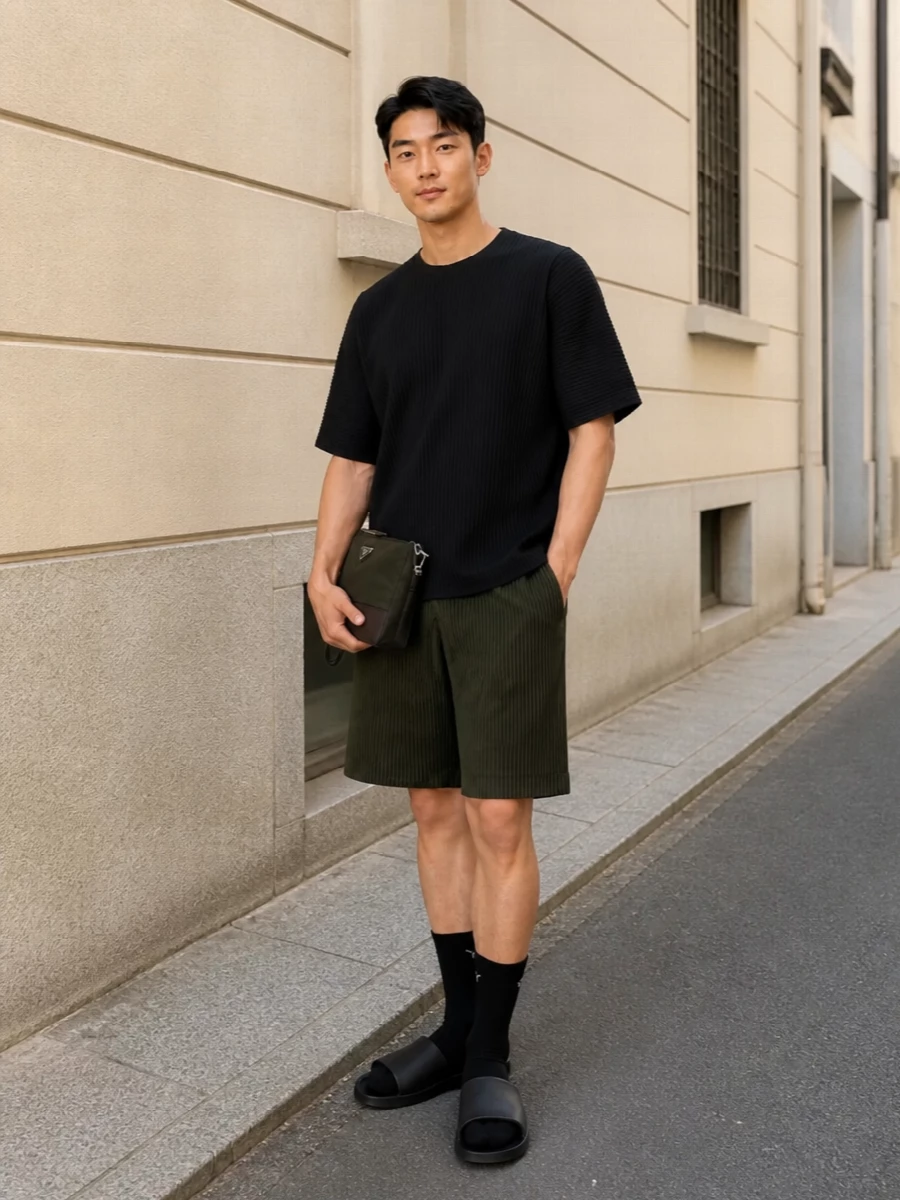 Homme plisse olive shorts black tee slides