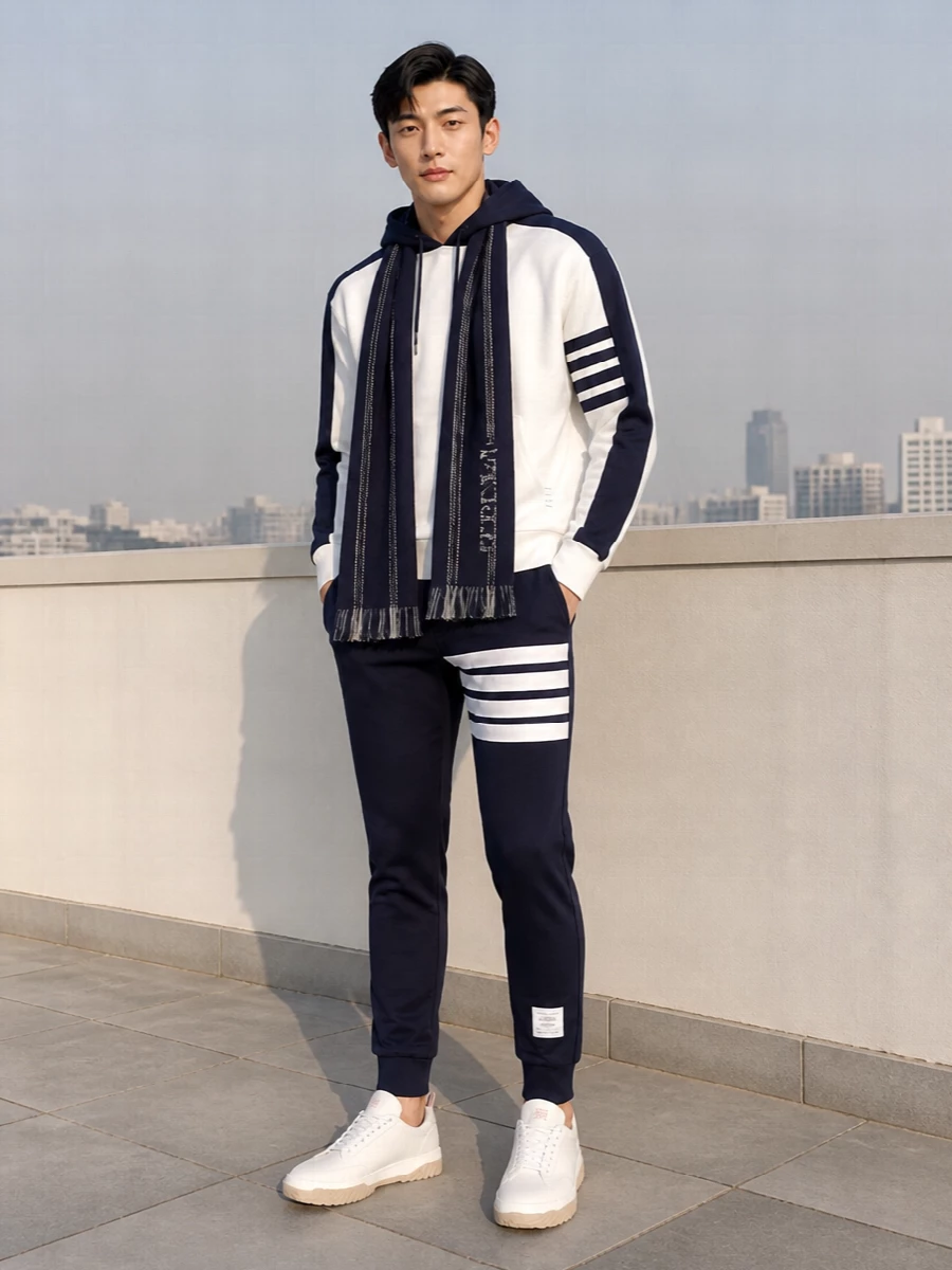 Thom browne hoodie navy joggers white sneakers