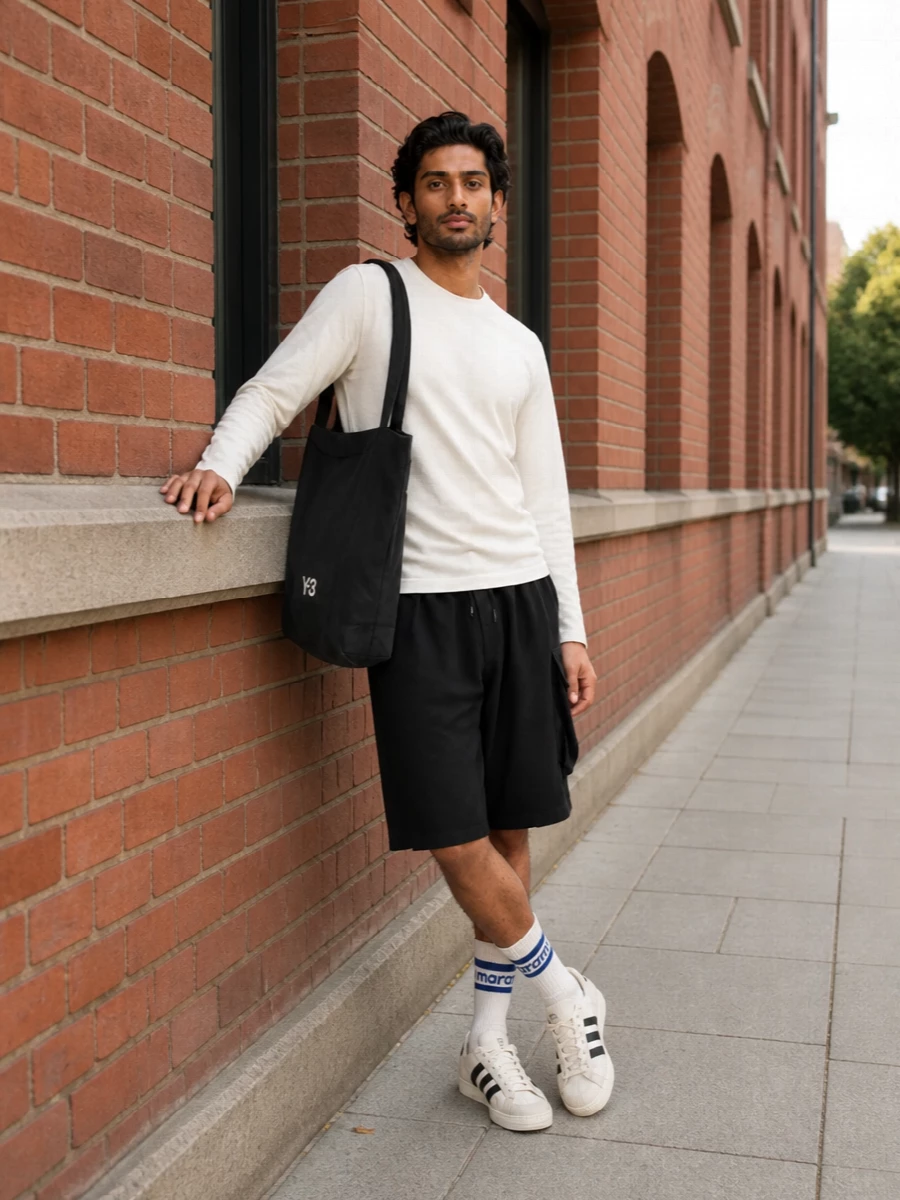 Y3 long sleeve tee black cargo shorts sneakers
