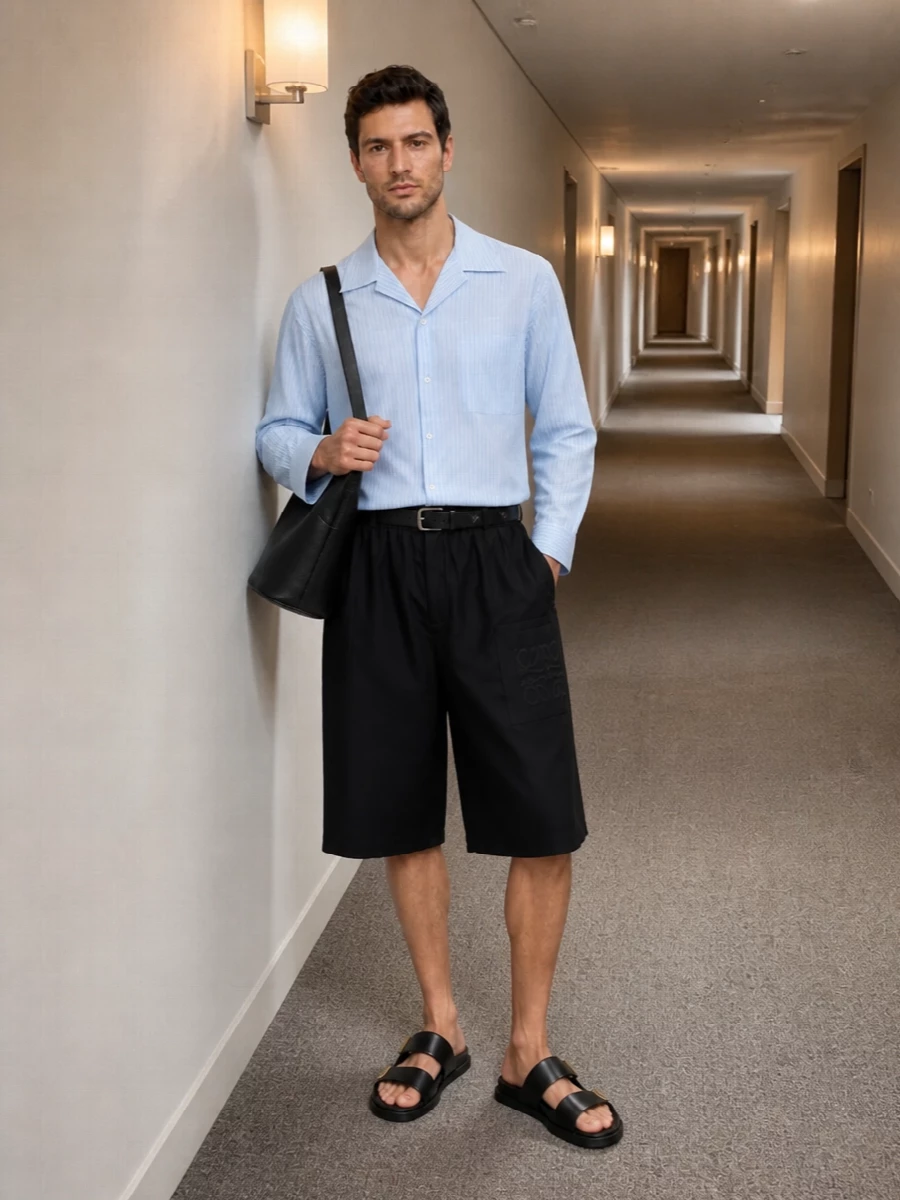 Loewe striped shirt black shorts leather sandals