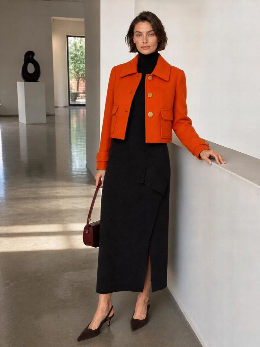 Parosh orange cropped jacket black knit midi dress