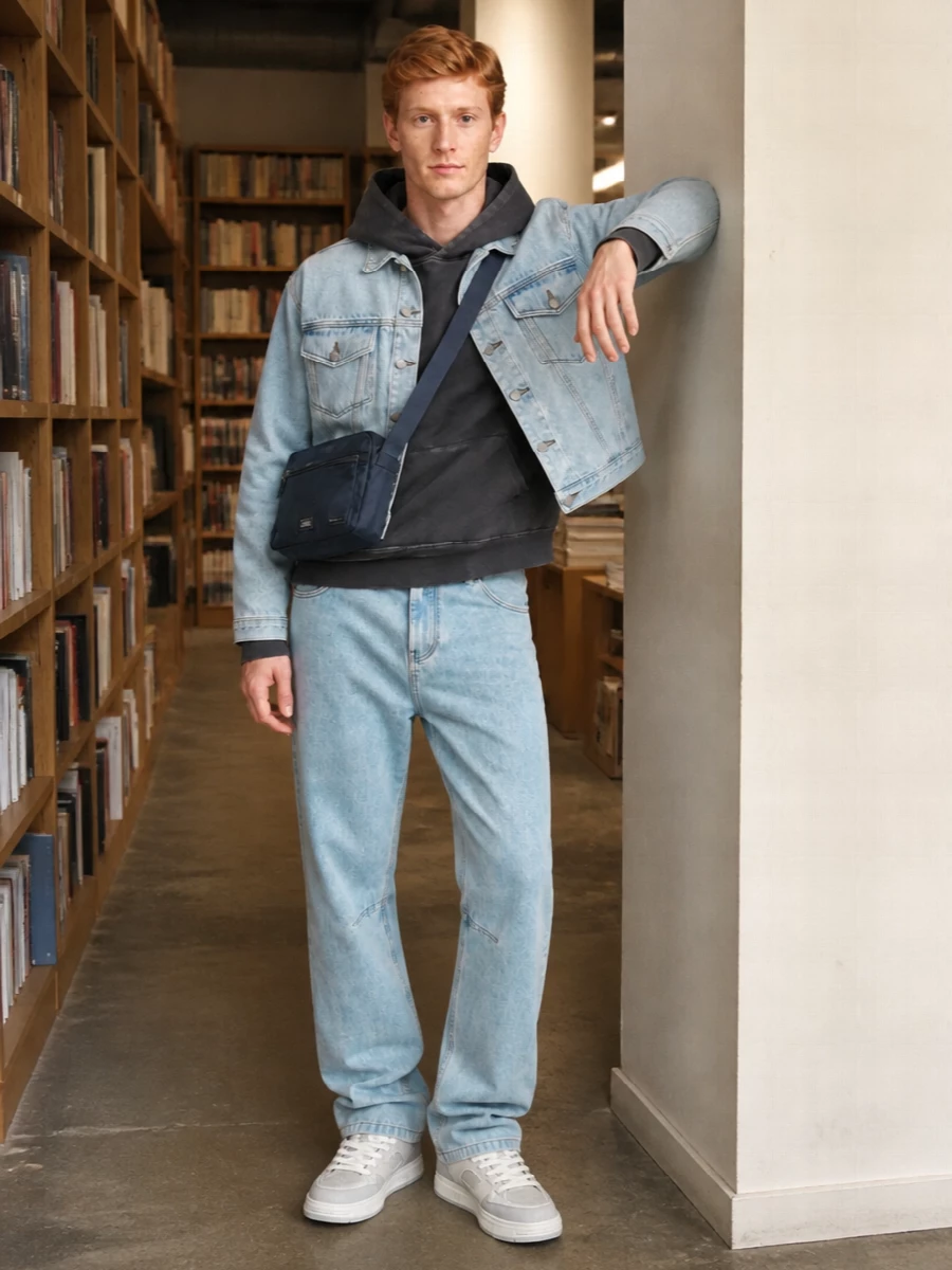 Entire studios denim jacket relaxed jeans outfit