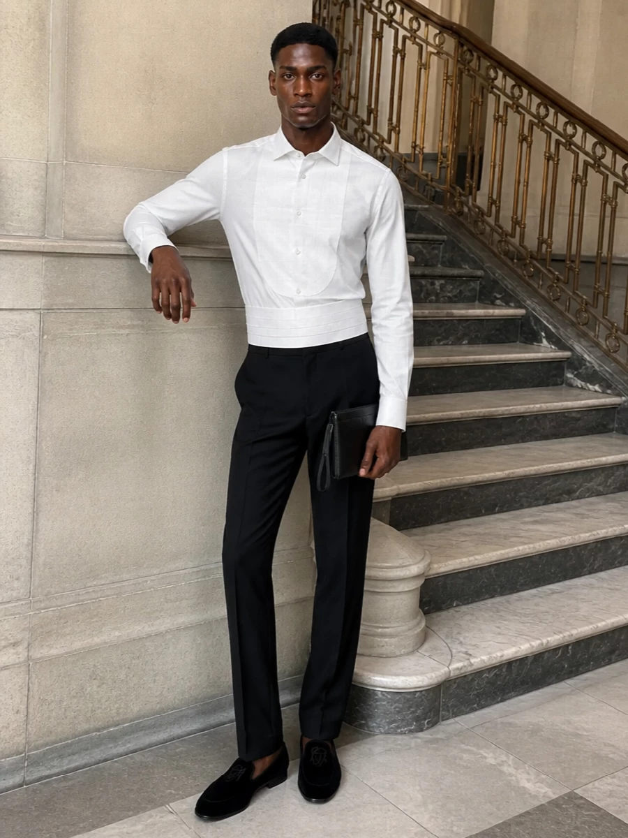 Giorgio armani tuxedo shirt black trousers outfit