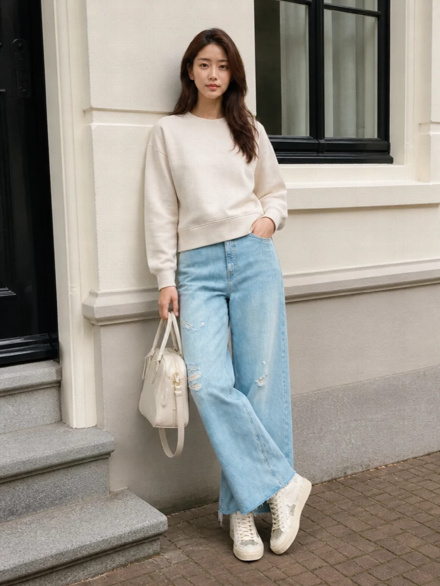 Golden goose sneakers off white sweatshirt wide leg jeans