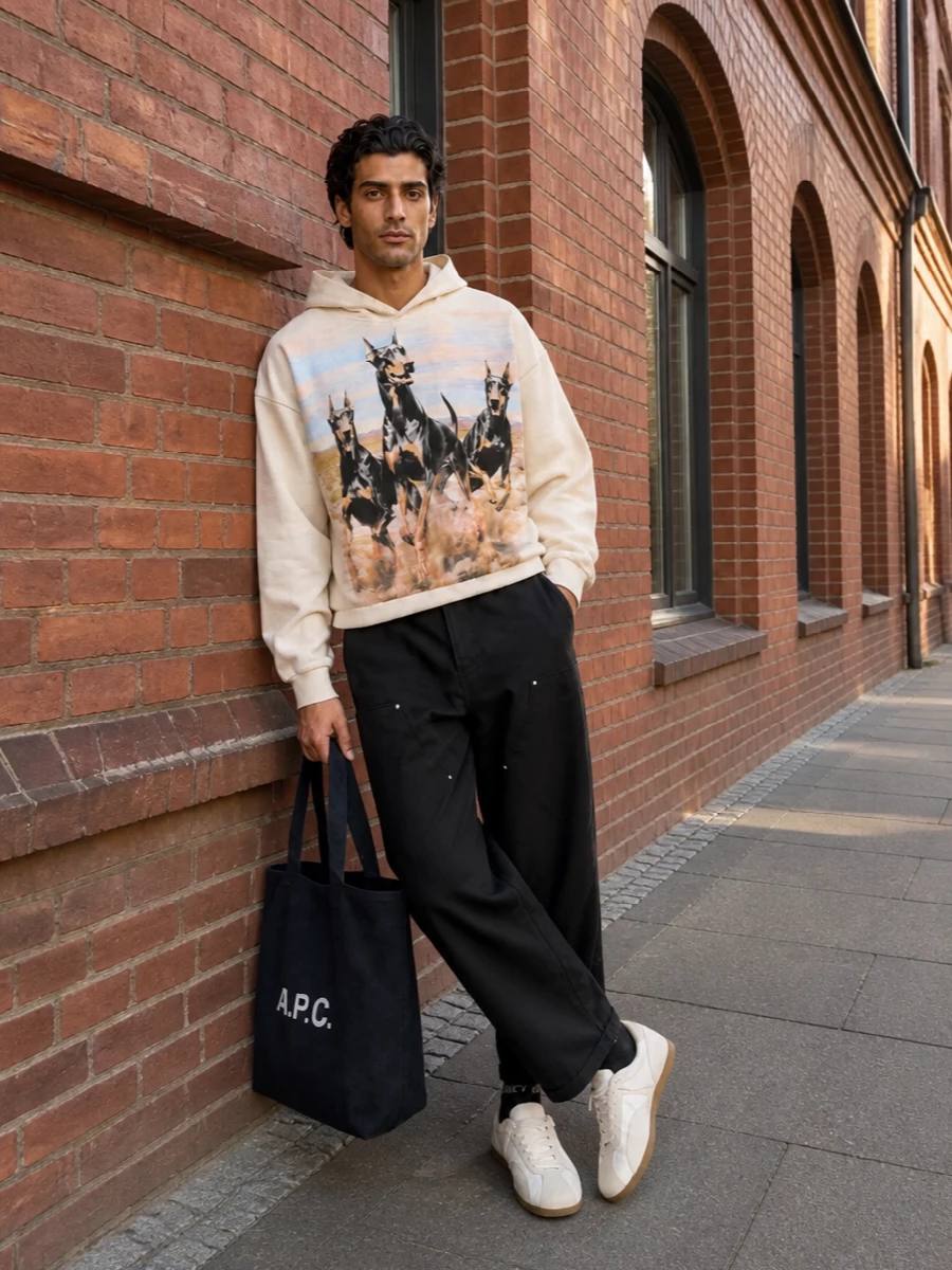 A cream graphic hoodie sits over wide black utility trousers for a relaxed, street-heavy base that lets the Doberman print stay the focus. Off-white gum-sole trainers echo the hoodie’s warmth, while the structured A.P.C. tote and branded socks add clean, logo-driven touches that feel considered rather than loud. The result is an easy city uniform with strong attitude and a tight neutral palette.