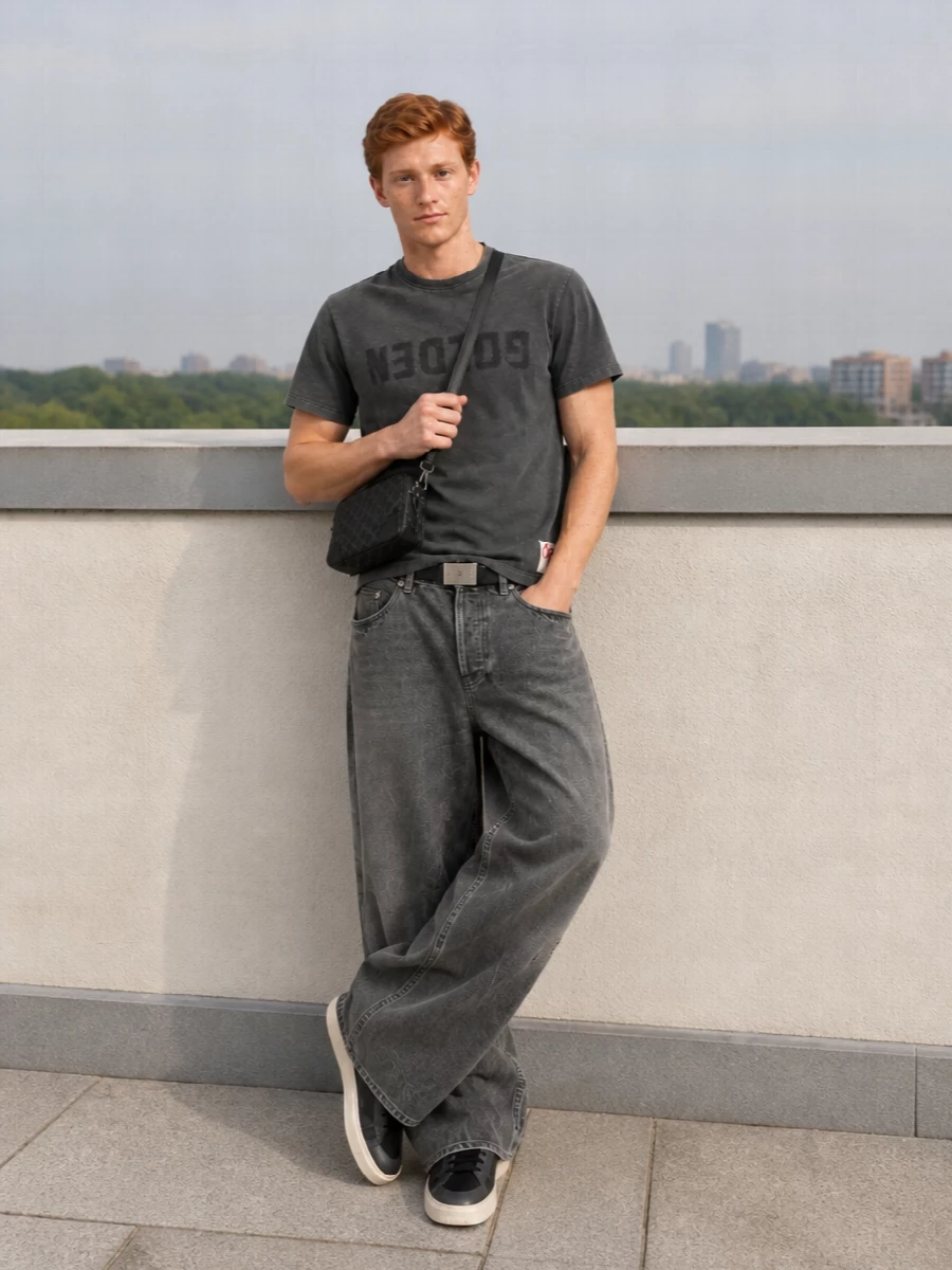 Golden goose wide leg jeans charcoal tee sneakers