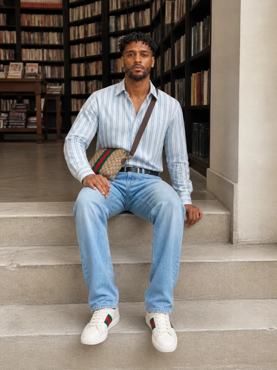 Gucci striped shirt light wash jeans ace sneakers