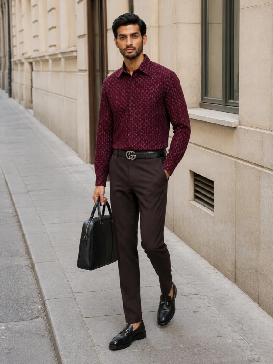 Gucci burgundy shirt tailored trousers outfit