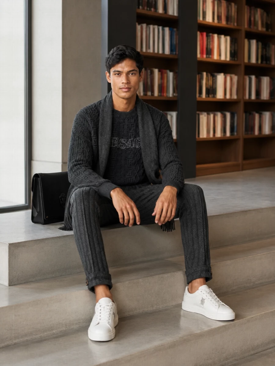 Versace grey cable knit pinstripe trousers outfit