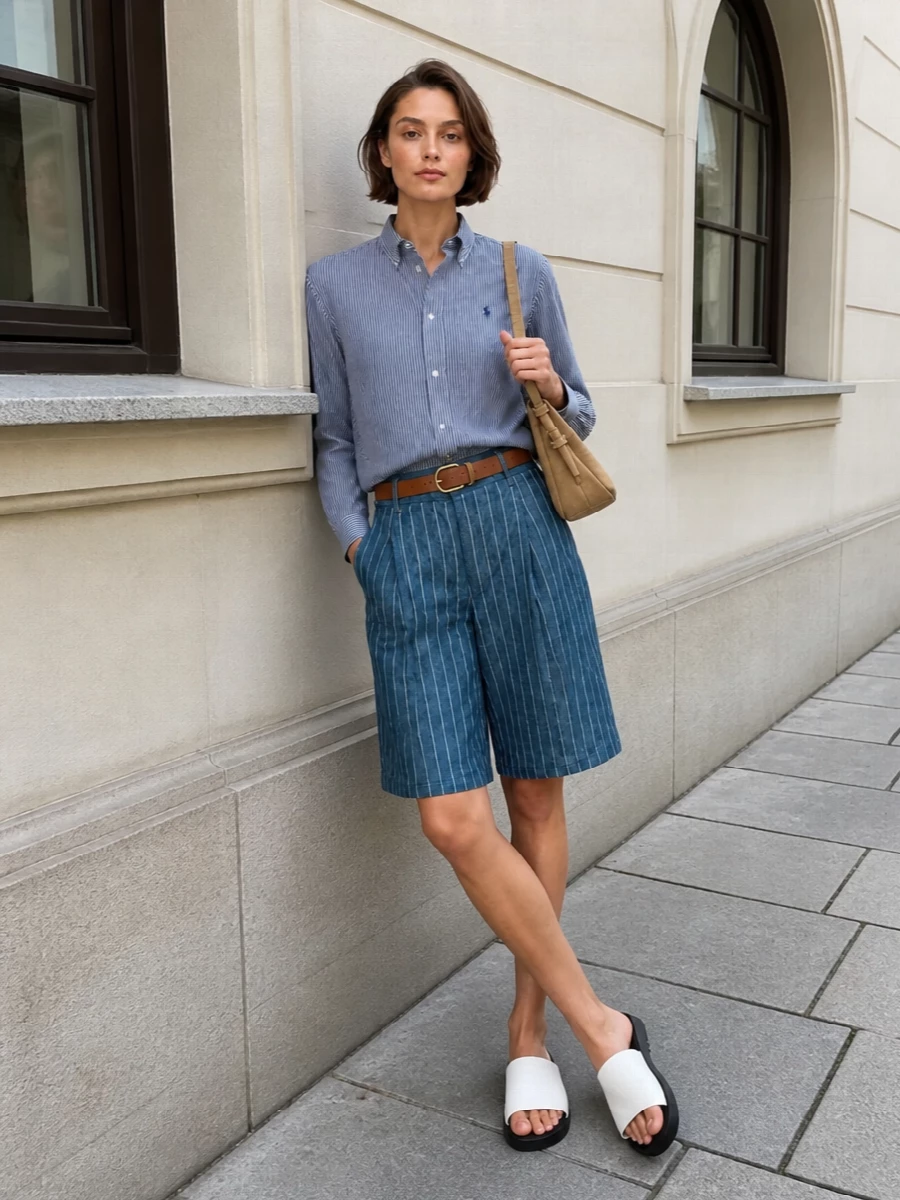 A crisp navy striped shirt tucked into Ermanno’s pinstriped Bermuda shorts creates a tailored, preppy base that still feels easy for warm days. Minimal white slides keep the lines clean and relaxed, while a camel suede shoulder bag and slim tan belt add just enough warmth to balance the blue palette. The result is city-ready polish that moves smoothly from casual office hours to late-afternoon terrace drinks.