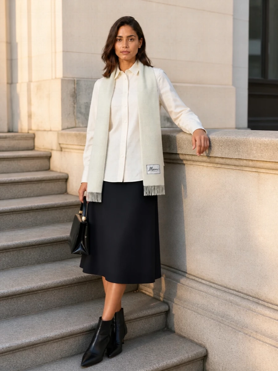 Marni navy midi skirt ivory shirt ankle boots