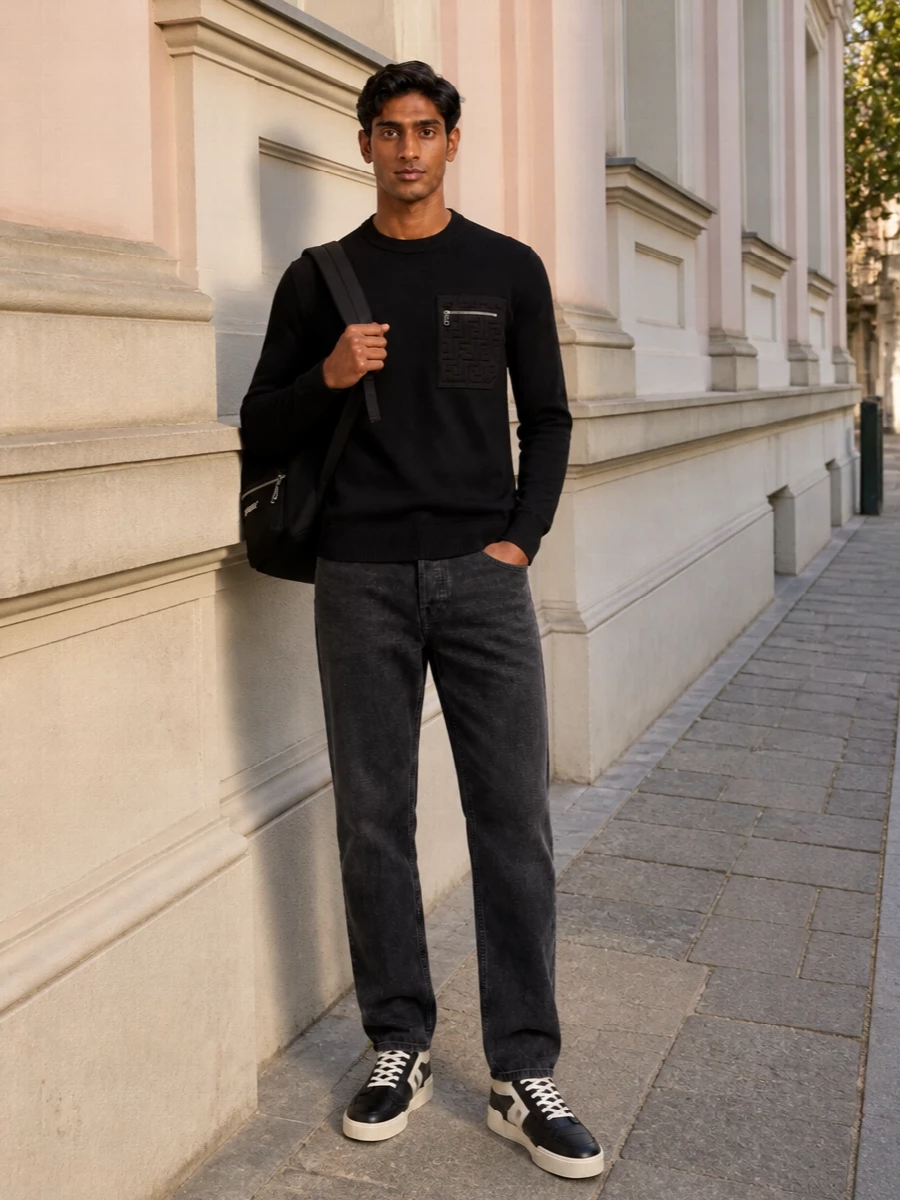 A black Fendi knit sits against straight charcoal denim for a clean, low-key profile that still registers as considered. Fear Of God’s sculpted high-tops inject a precise street energy while staying within a tight monochrome story. The Burberry backpack finishes it with practical, logo-aware polish that feels right for city days and low-key nights alike.