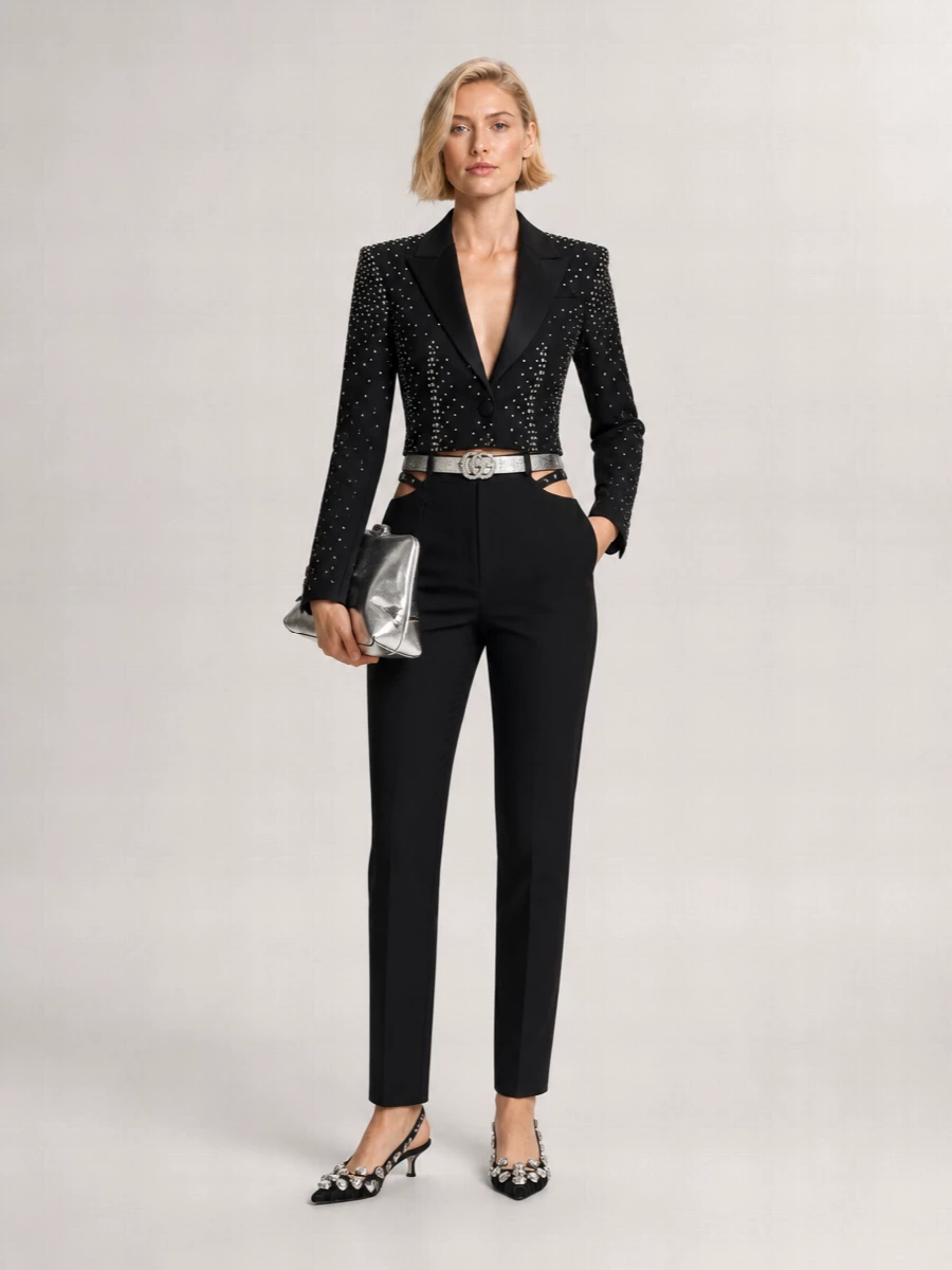 Head-to-toe Attico tailoring keeps this all-black crystal suit feeling sharp, body-conscious and made for high-impact nights. The cut-out waist, mirrored slingbacks and sculptural clutch pick up the blazer’s light play without overwhelming it. A single silver logo belt at the waist finishes the line, adding definition and just enough attitude at eye level.