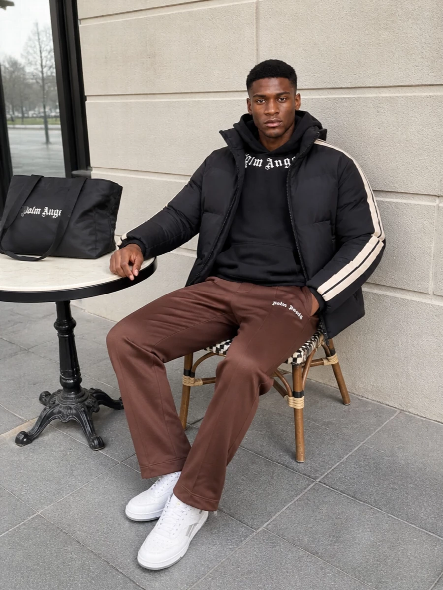 Palm angels puffer track pants sneakers outfit