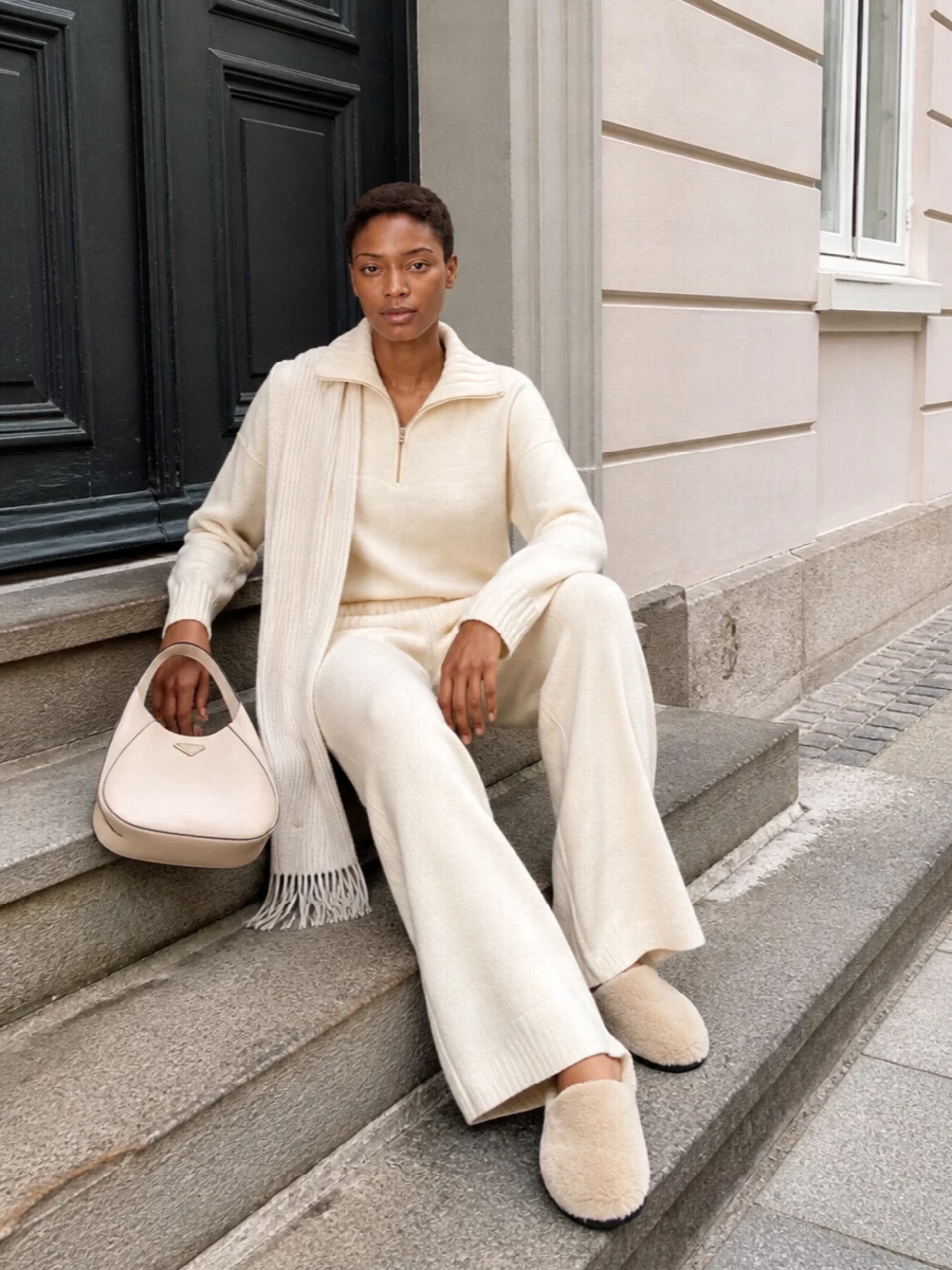 Max mara cream knit pants prada shearling mules