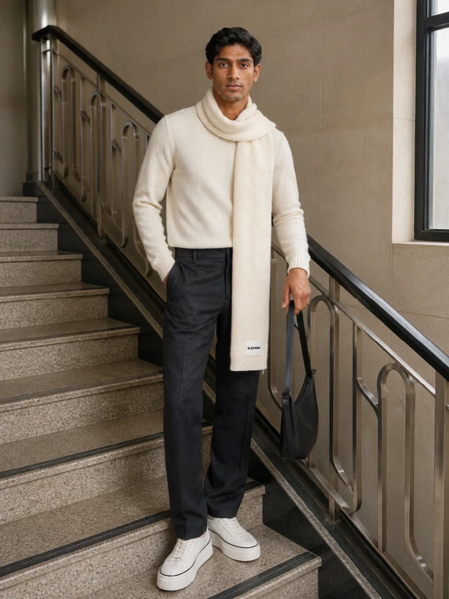 Jil sander cream sweater charcoal trousers outfit