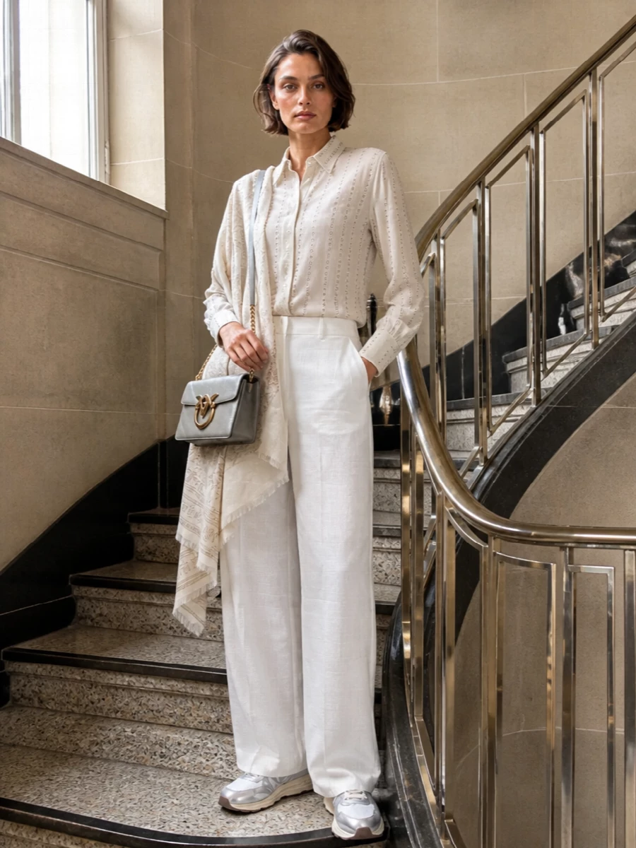 Pinko studded ivory shirt white wide leg trousers