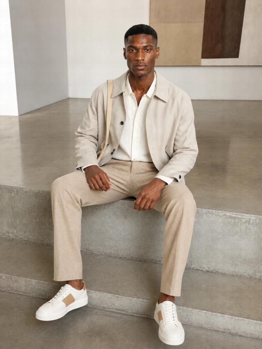 Sefr beige jacket light trousers sneakers