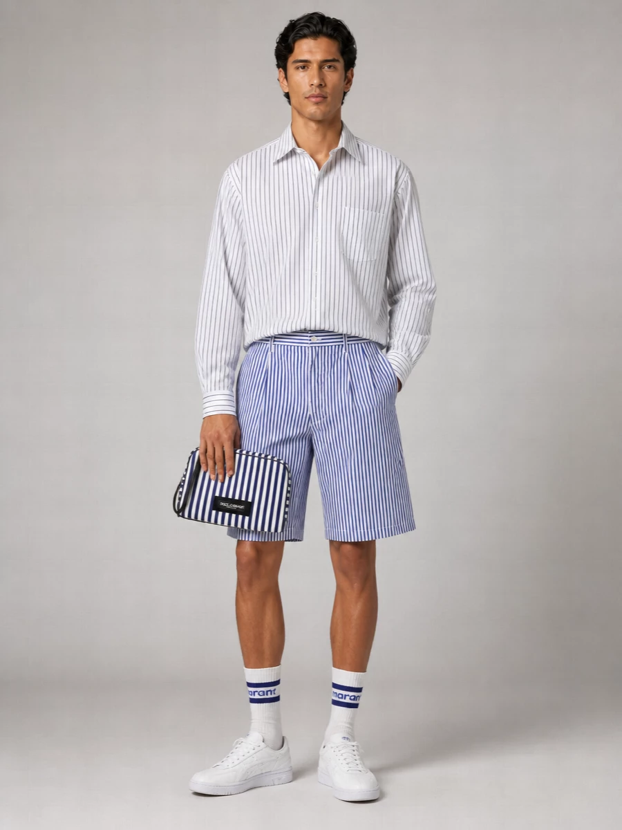 Comme Des Garçons Striped Cotton Pleated Tailored Bermuda Shorts