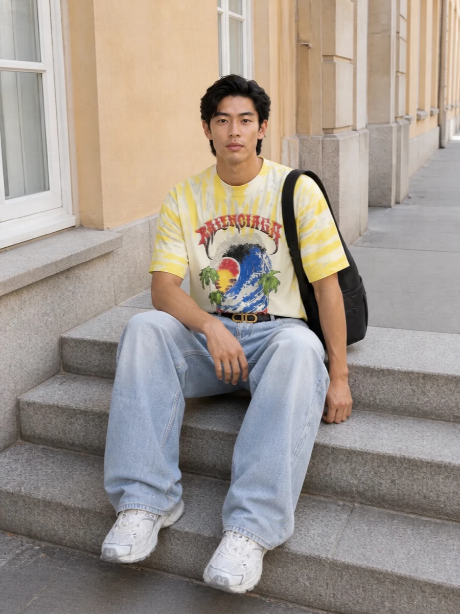 Balenciaga graphic tee wide leg jeans outfit