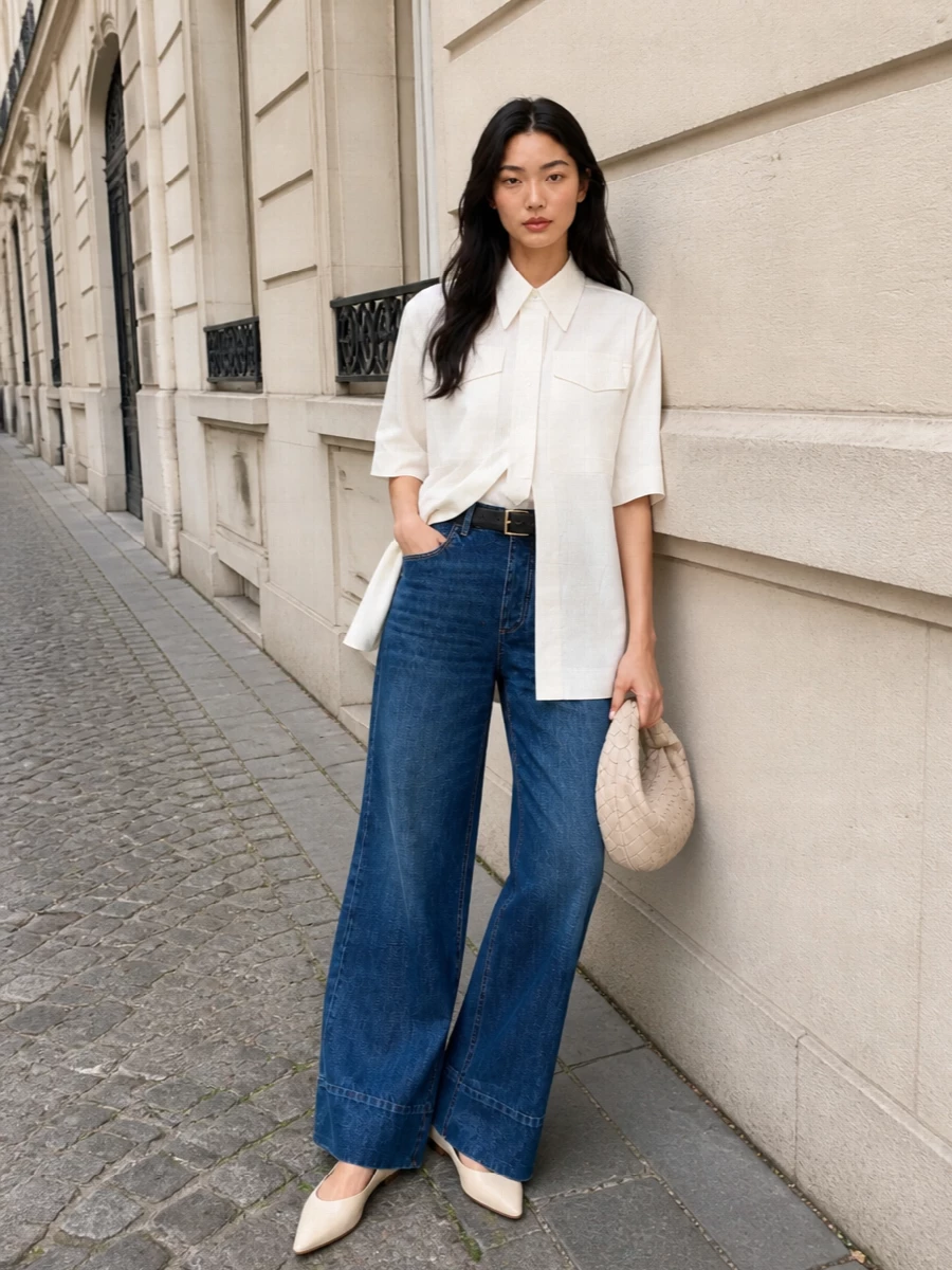 Bottega veneta wide leg jeans ivory shirt outfit