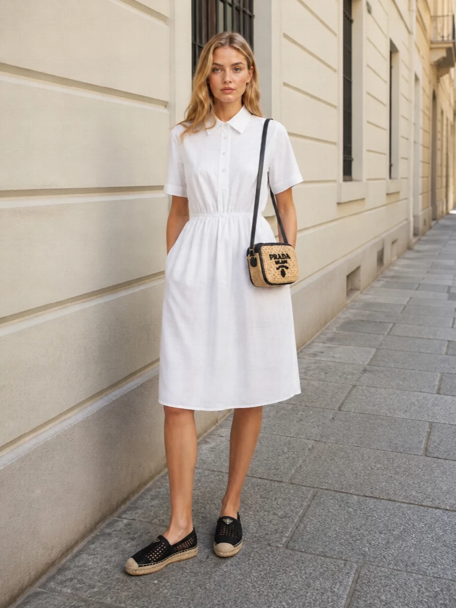 Prada espadrilles white shirt dress raffia bag