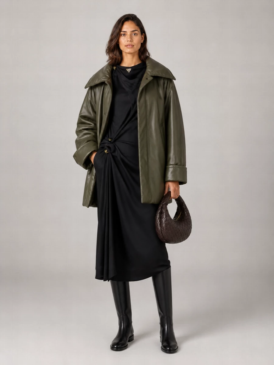 Bottega Veneta Glossy Leather Oversized Down Coat