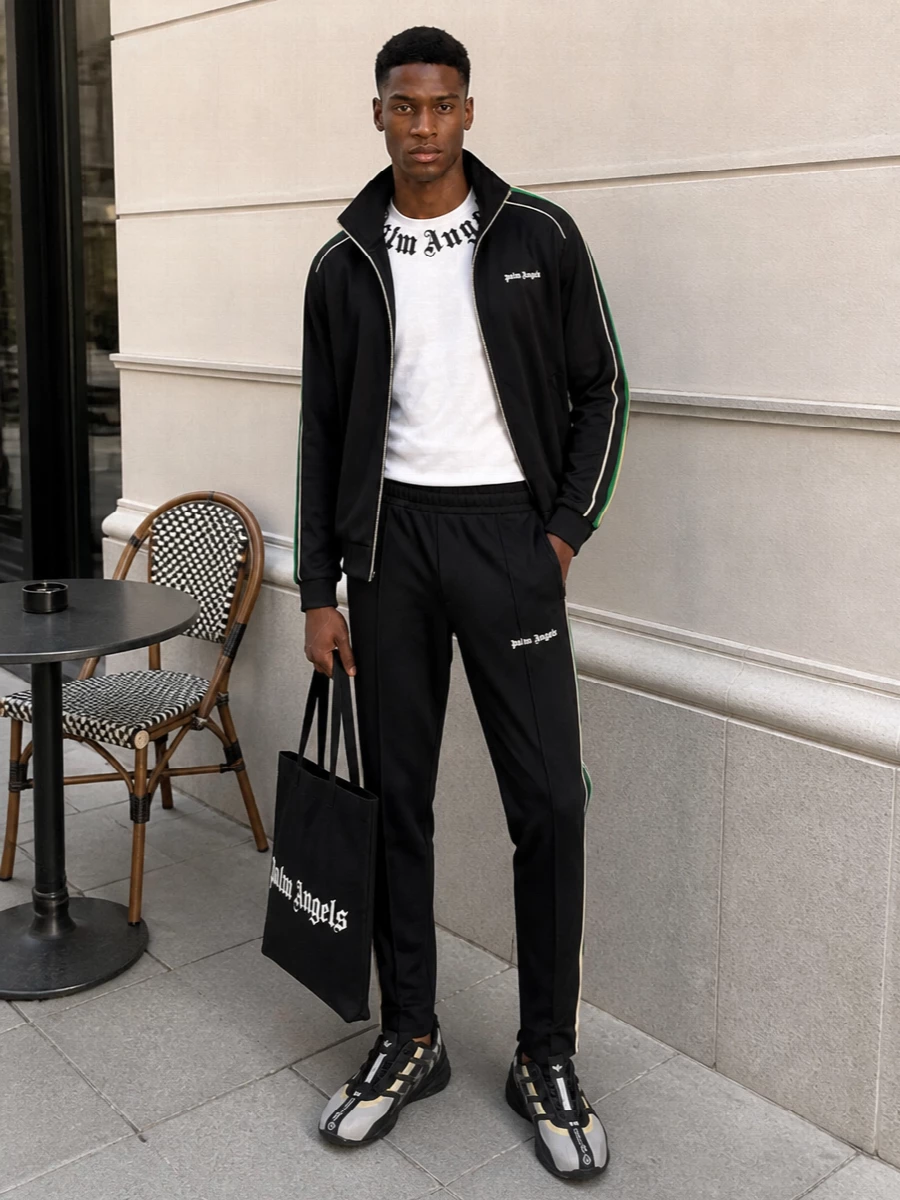 Palm angels track jacket adidas sneakers outfit