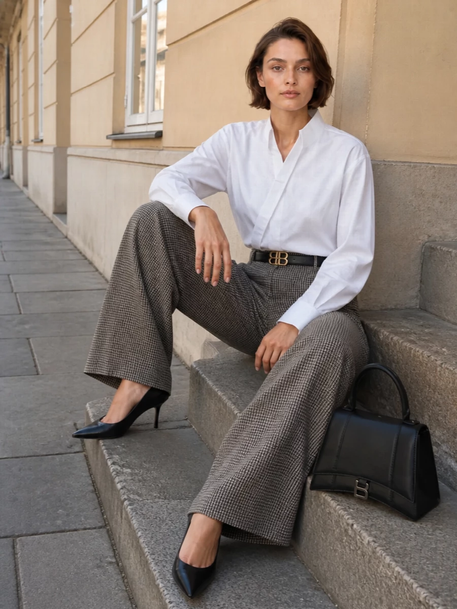 Balenciaga wide leg trouser asymmetric white shirt